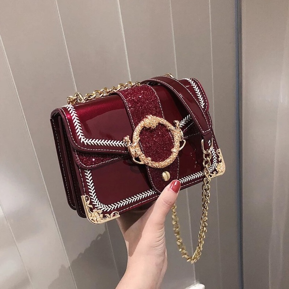 Graphite Chain Glitter Leather Shoulder Bag / Crossbody Bag (Red) - Picture 2 of 5